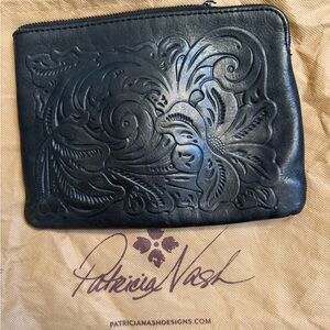 Patricia Nash Black Floral Embossed Leather Pouch